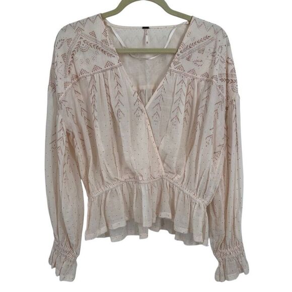Free People Snowy Sand Metallic Crossover Front Long Sleeve Blouse Cream Size XS - Picture 3 of 11